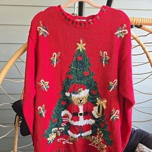 Vintage Casual Corner Christmas Sweater Beaded & Embroidered Bear Size 18
